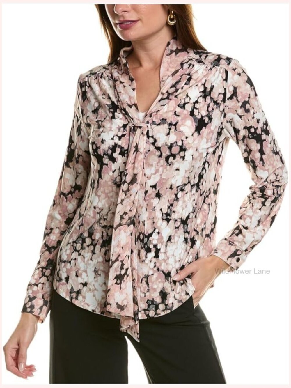 Women's Printed Itty Mixed Media Long Sleeve Tie Neck Top